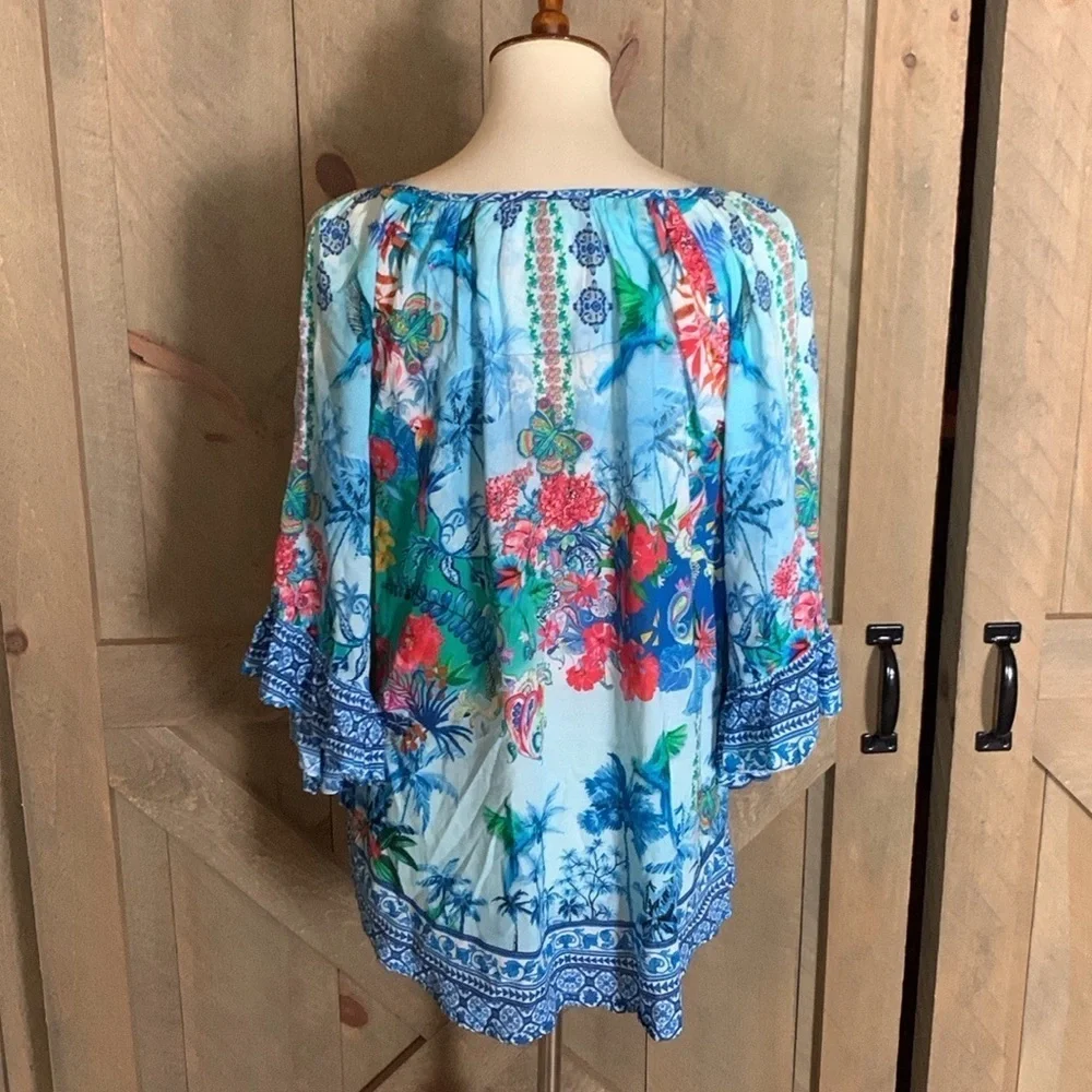 Lulalife colorful rayon blouse with tassel ties Size Small